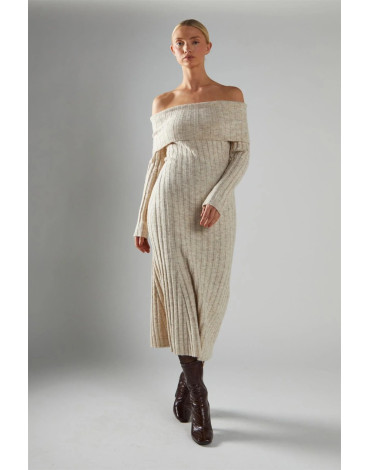 GLAMOROUS MIDI ΜΑΛΛΙΝΟ ΦΟΡΕΜΑ ΜΕ ΕΞΩ ΤΟΥΣ ΩΜΟΥΣ