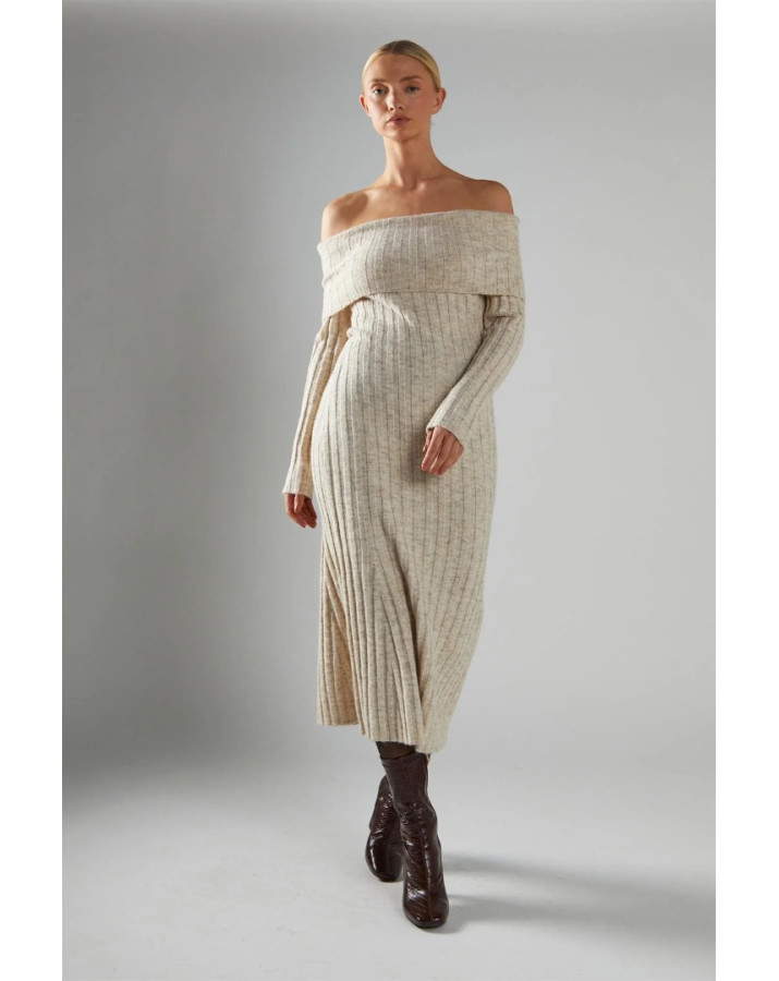 GLAMOROUS MIDI ΜΑΛΛΙΝΟ ΦΟΡΕΜΑ ΜΕ ΕΞΩ ΤΟΥΣ ΩΜΟΥΣ