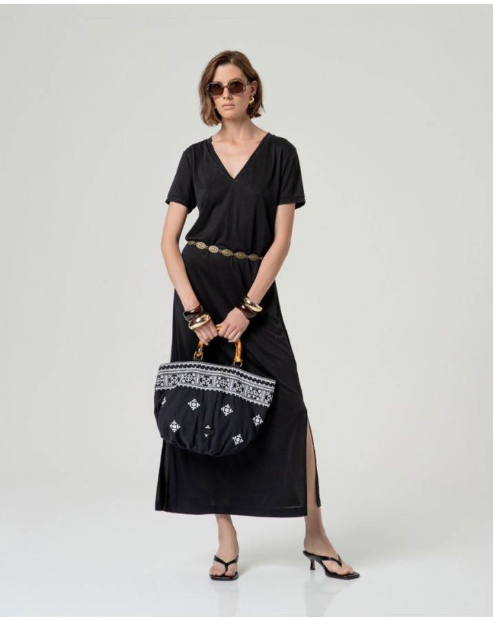 SURKANA Μα΄ύρο μακρύ φόρεμα με σχισμές, V-λαιμόκοψη BAMO711