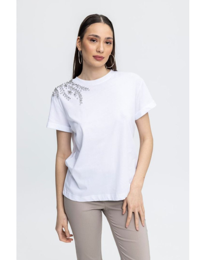 MOTEL T-SHIRT ΛΕΥΚΟ ΜΕ ΚΟΝΤΟ ΜΑΝΙΚΙ ΚΑΙ ΚΕΝΤΙΜΑ STRASS ΜΠΡΟΣΤΑ 