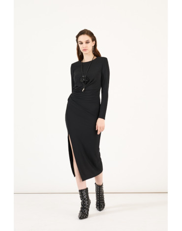 PHILIA LOFT ΜΑΥΡΟ ΜΑΚΡΥΜΑΝΙΚΟ ΣΤΕΝΟ ΦΟΡΕΜΑ ΜΕ ΣΟΥΡΑ ΣΤΗ ΜΕΣΗ ΚΑΙ ΚΟΨΙΜΟ ΣΤΟ ΠΟΔΙ Y0197