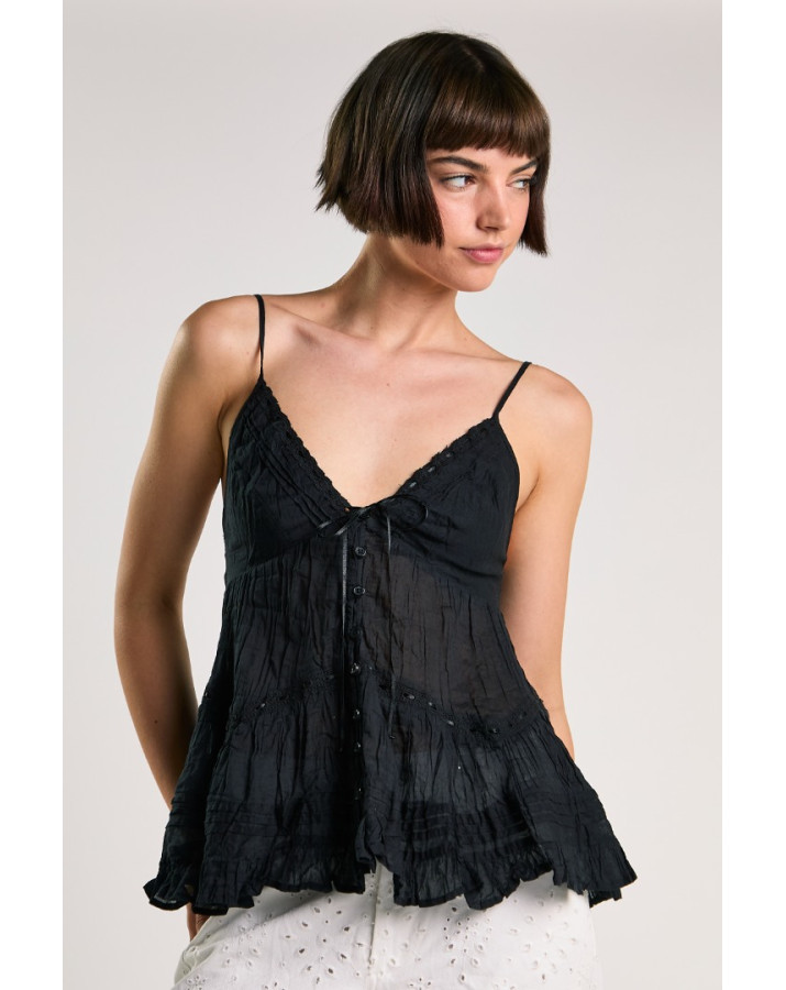 GLAMOROUS ΜΑΥΡΟ ΤΟΠ ΜΕ ΛΕΠΤΕΣ ΤΙΡΑΝΤΕΣ V ΛΑΙΜΟΚΟΨΗ ΚΑΙ ΚΟΥΜΠΙΑ ΜΠΡΟΣΤΑ ΚΑ7566