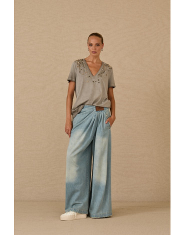 SOUVENIR Τζιν φαρδιά παντελόνα με στρίφωμα μπροστά M0358