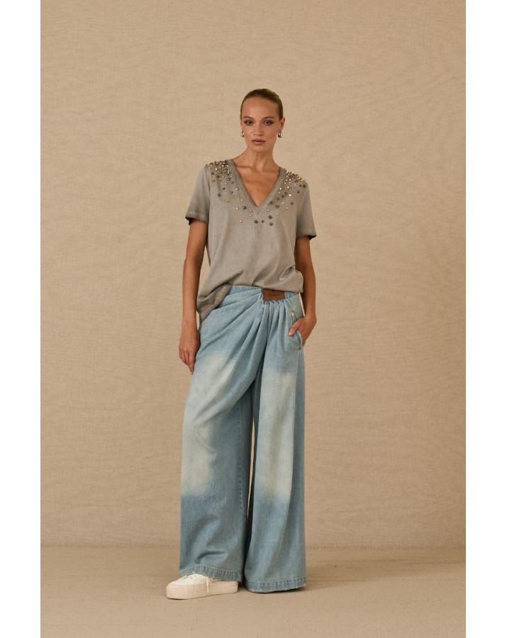 SOUVENIR Τζιν φαρδιά παντελόνα με στρίφωμα μπροστά M0358