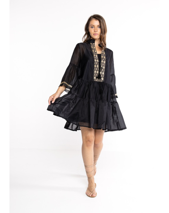 LOKITA φόρεμα μεταξωτό με άνοιγμα μπροστά με κέντημα κιπουρ LOK0096